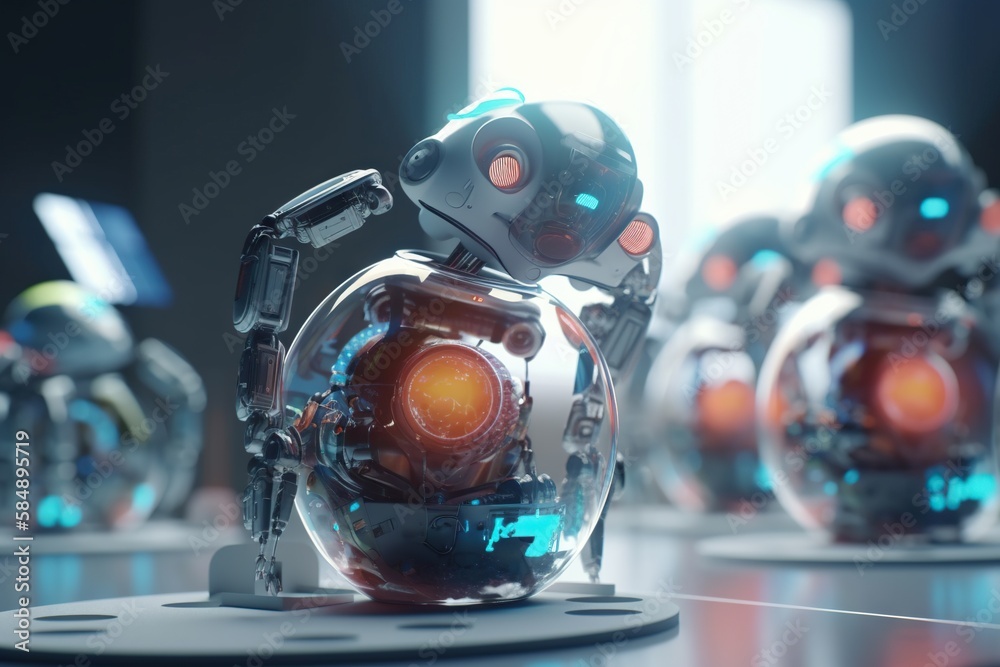 Poster a robot is sitting on a table with other robots behind it workshop animation robotics engineering ge