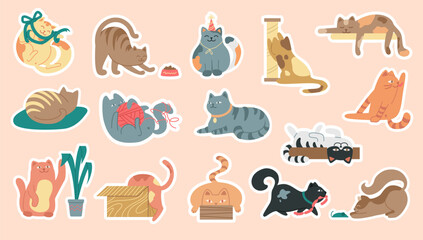 Cats stickers set. Playful multicolored kittens in various positions.
