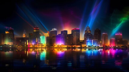 Fototapeta na wymiar Vibrant illuminated neon city skyline at night. Generative AI