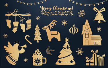 Christmas elements luxuries set. Deer, angel, dessert, present and socks on tree. Golden symbols of New Year and winter holidays. Cartoon flat vector illustrations isolated on black background