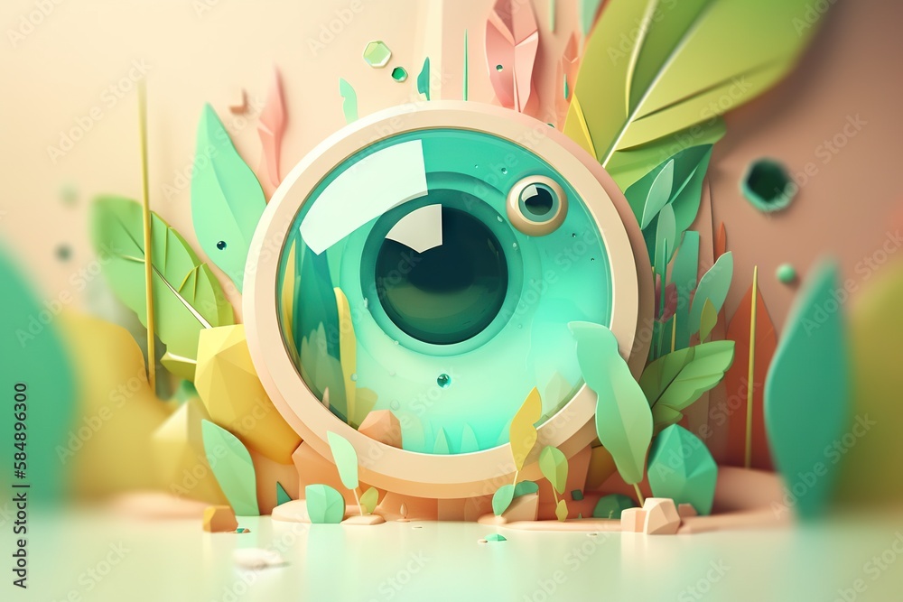 Poster a digital illustration of a green object with eyes and leaves surrounding it zoo animation motion gr
