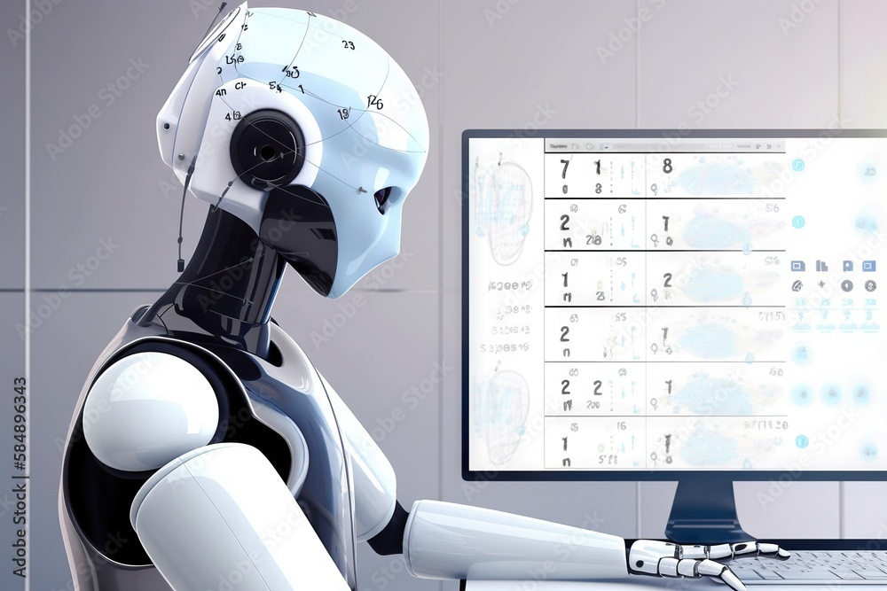 Poster a robot is sitting in front of a computer screen and looking at a calendar workshop animation roboti