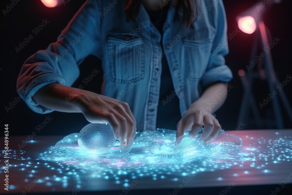 Poster a woman is using a computer mouse on a table with lights workshop kinetic art motion graphics genera