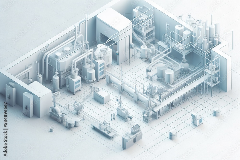 Poster a 3d rendering of a factory with pipes and tanks and a large window factory animation manufacturing 