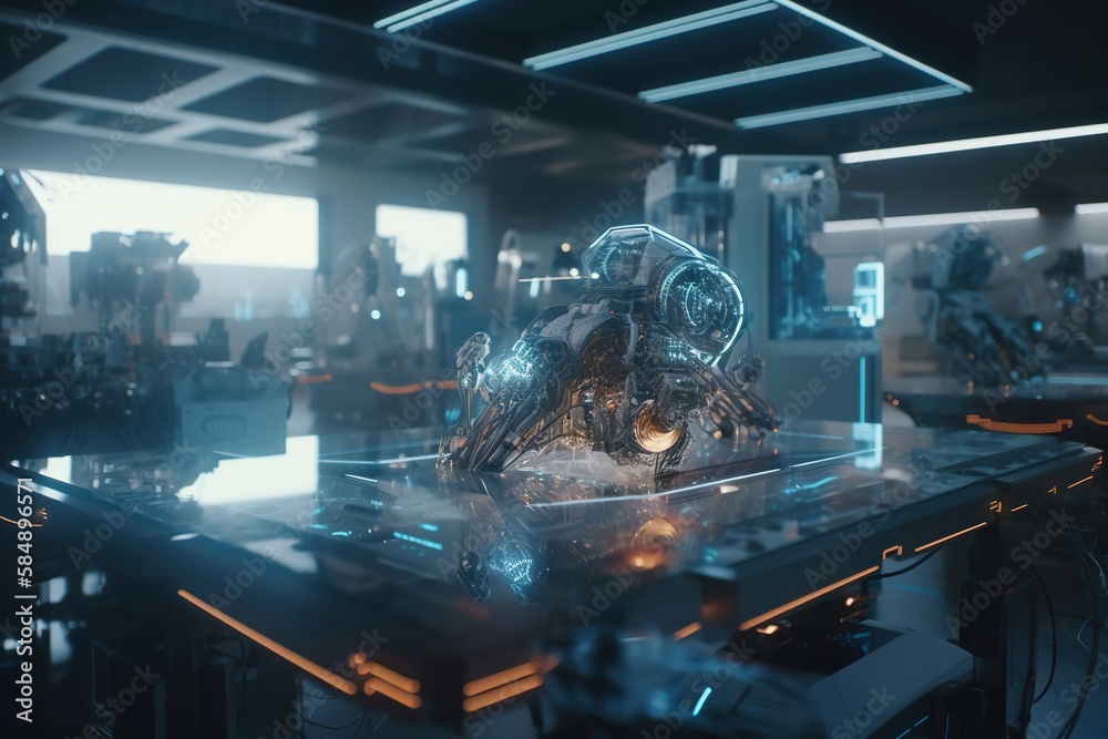 Poster a futuristic looking table with a large object on it's surface factory animation artificial intellig