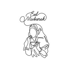 One continuous line drawing of a a happy woman in welcoming Eid al-Fitr. Eid mubarak and Ramadan kareem design concept with simple linear style. Eid mubarak vector design concept.