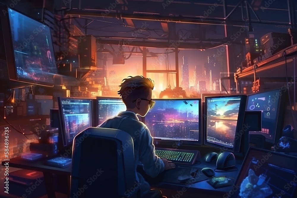 Poster a man sitting at a computer desk in front of two monitors modern city at dusk animation computer pro