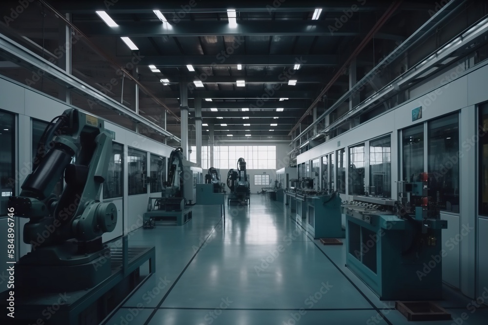 Poster a factory with a large machine in the middle of it's floor factory animation manufacturing generativ