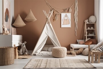 Empty contemporary kid room wall. Boho interior mockup. Free photo or poster space. Rattan chair, bed, toys. Kid friendly room. Generative AI