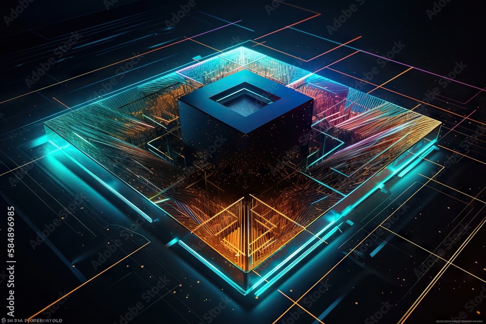 Poster a square object with neon lights on it in a dark room factory graphic design computer graphics gener