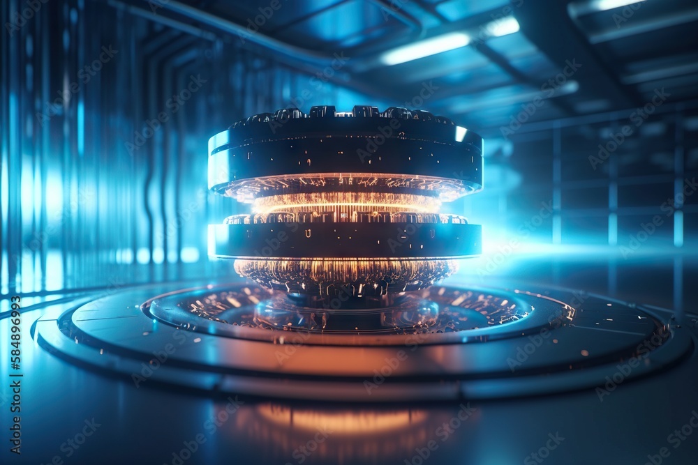 Poster a futuristic room with a circular light fixture in the center of it factory animation motion graphic