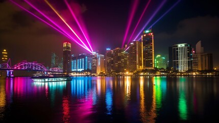 Fototapeta premium Vibrant illuminated neon city skyline at night. Generative AI