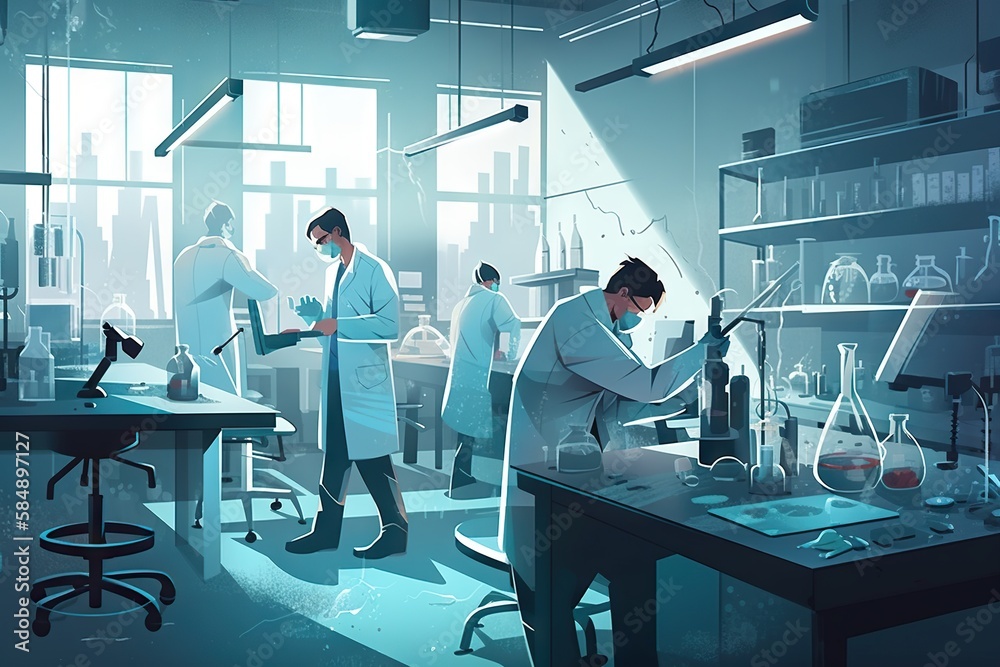 Poster a group of people in a lab with a microscope and a microscope factory animation science writing