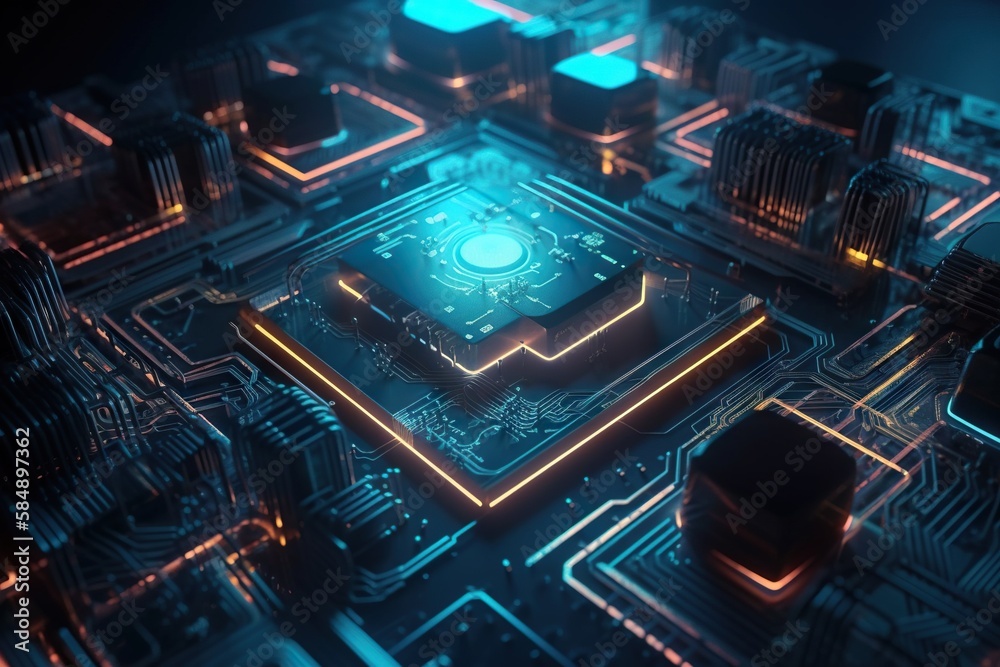 Poster A Computer Processor With A Glowing Blue Light On It's Side Factory Animation Computer Graphics Generative AI 