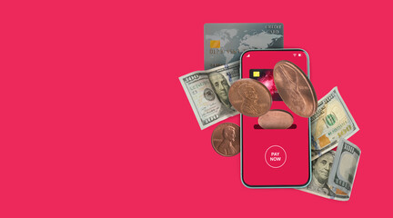 Online payment. Coins falling into slot in mobile phone with open e-wallet app, dollar banknotes and credit card on crimson background, space for text
