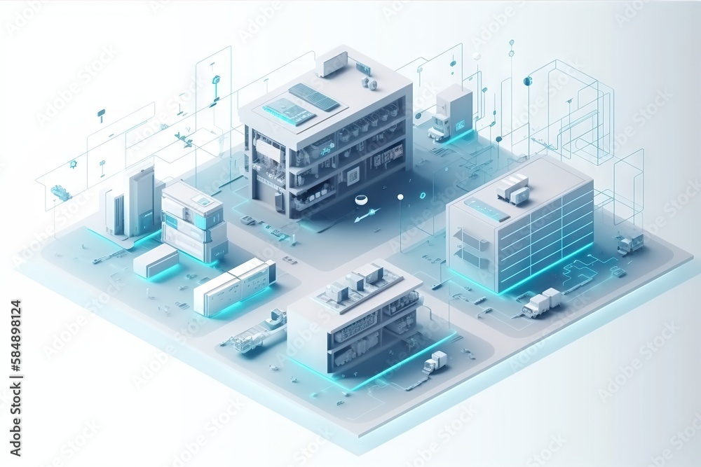 Poster a building with a lot of different types of buildings around it factory animation supply chain optim
