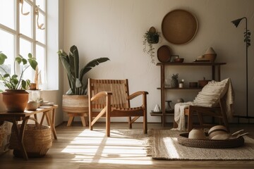 Korean and bohemian living room with lovely furnishings, chair, wooden shelf, and vase. Home decor minimalism. Interior geometry. Generative AI