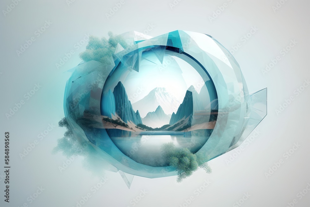 Poster a circular object with a mountain in the background and a lake in the middle glacier graphic design 