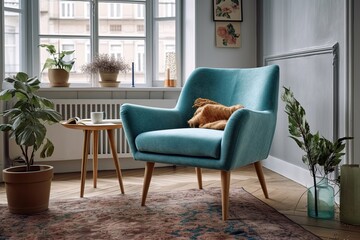 Blue fabric armchair on parquet floor with white carpet against wide window. Vintage living room design. 70s style apartments. Generative AI
