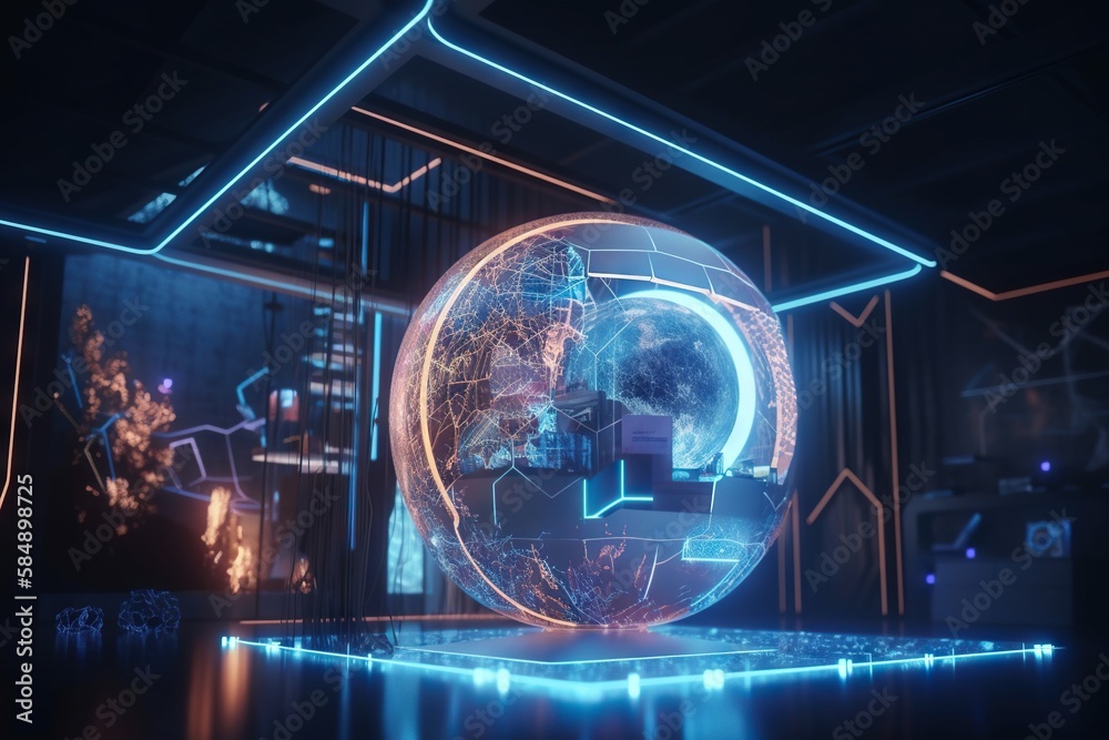 Poster a futuristic room with a glowing sphere in the center of it factory animation motion graphics genera