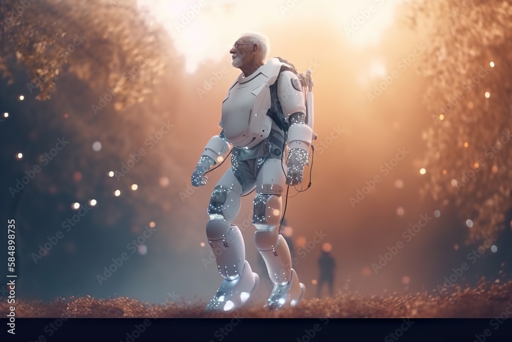 Poster a robot walking through a forest with a person in the background park animation robotics engineering
