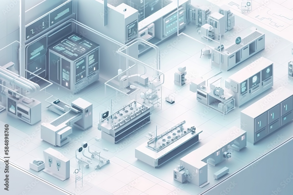 Poster a computer and other equipment are arranged in a 3d image with a blue background factory animation m