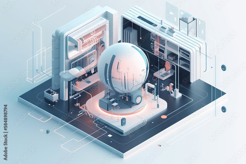 Poster a futuristic building with a large sphere in the center of it factory animation motion graphics