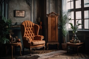 Vintage style flat or studio. Vintage living room. Antique trendy furniture, armchair, and dirty crumpled bedding in bedroom. Decor, green houseplants. Generative AI