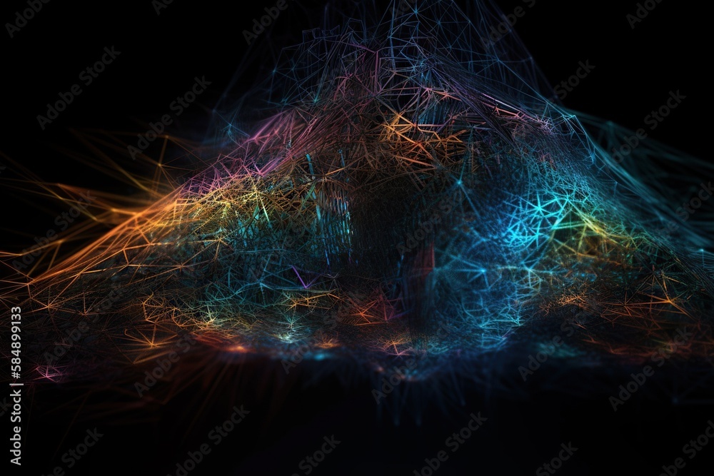 Poster a computer generated image of a mountain with lines and dots in the middle deep sea trench animation