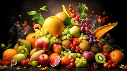Obraz na płótnie Canvas Summer seasonal juicy fruits and vegetables isolated. Generative AI