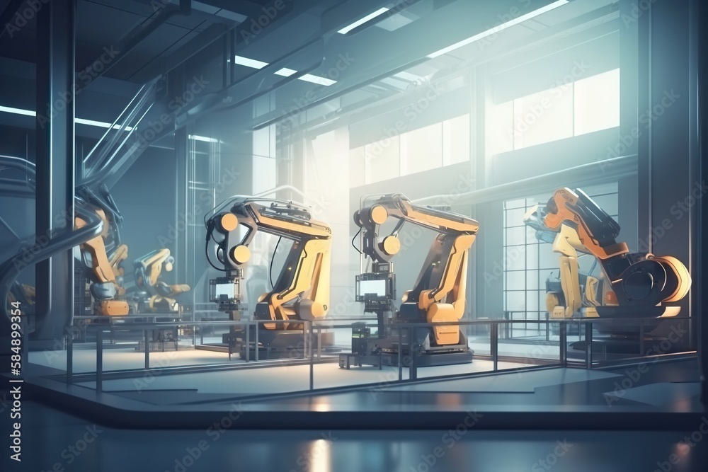 Poster a group of robots in a factory with a window in the background factory animation manufacturing plann