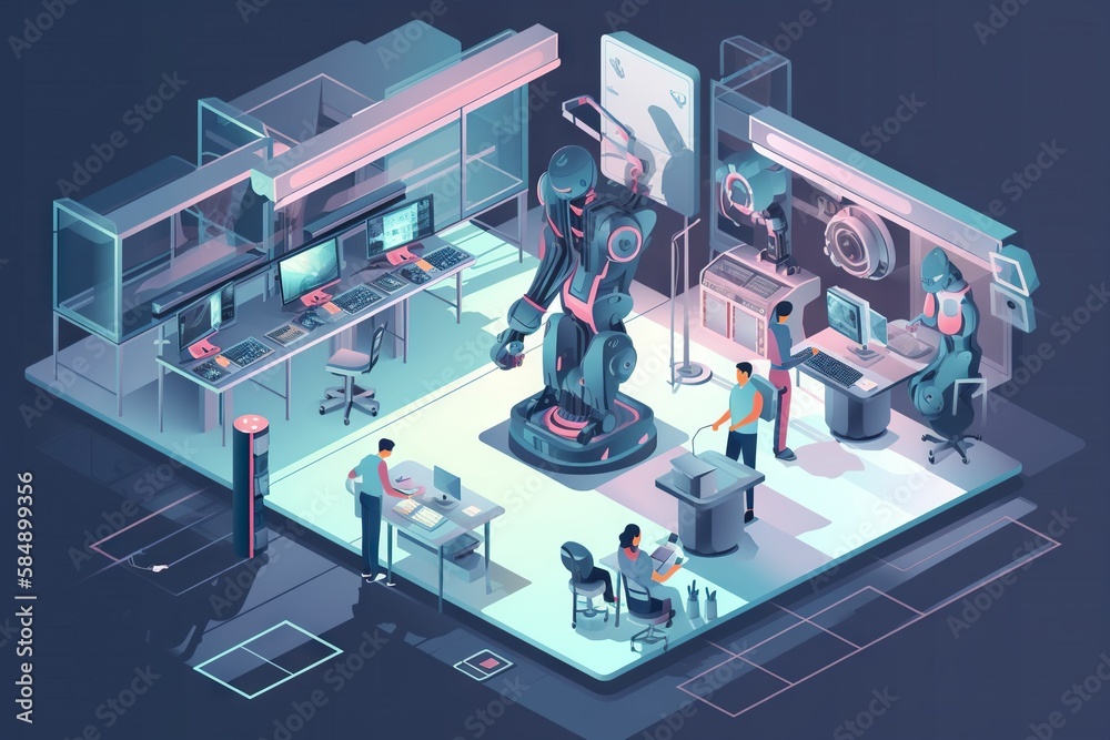 Poster a robot standing in a room with people working on it and a man standing in the middle workshop anima