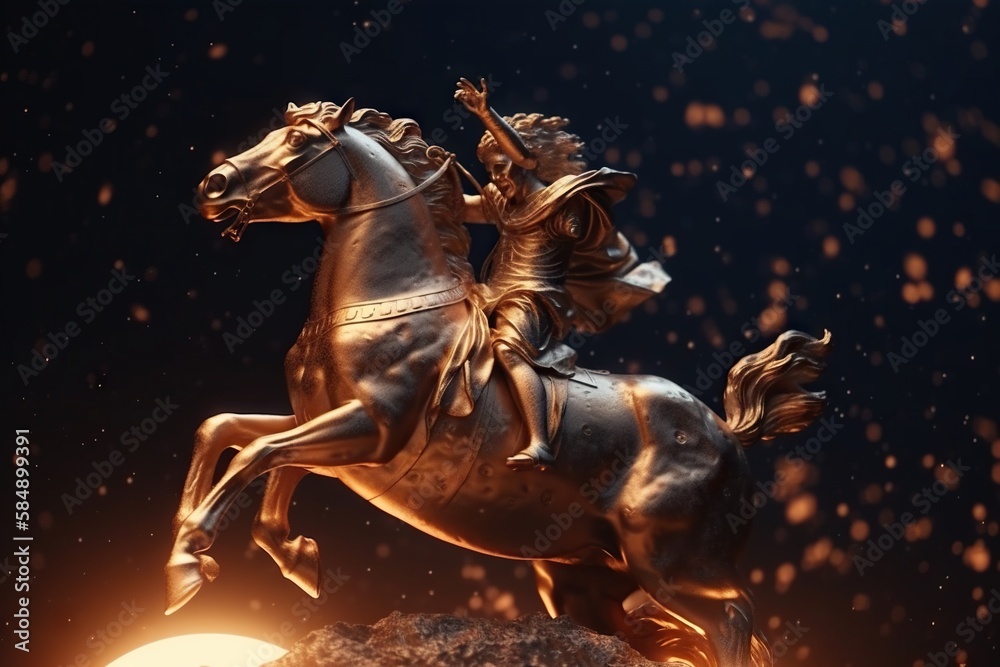 Poster a statue of a man riding a horse on a rock with a light shining on it monument animation motion grap