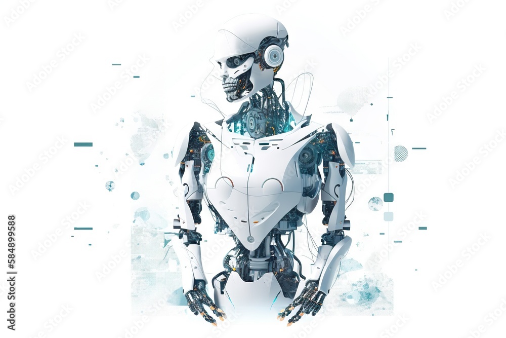 Poster a robot is standing in front of a white background with blue dots river animation robotics engineeri