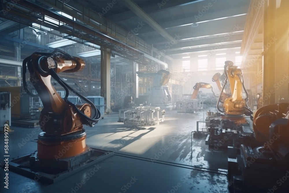 Poster a factory with a robot and other machinery in it's workshop factory animation robotics engineering g