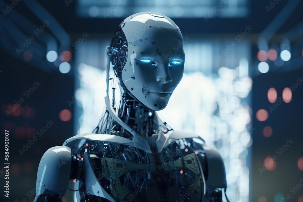 Poster a robot with glowing eyes and a body with a head and arms workshop animation robotics engineering ge