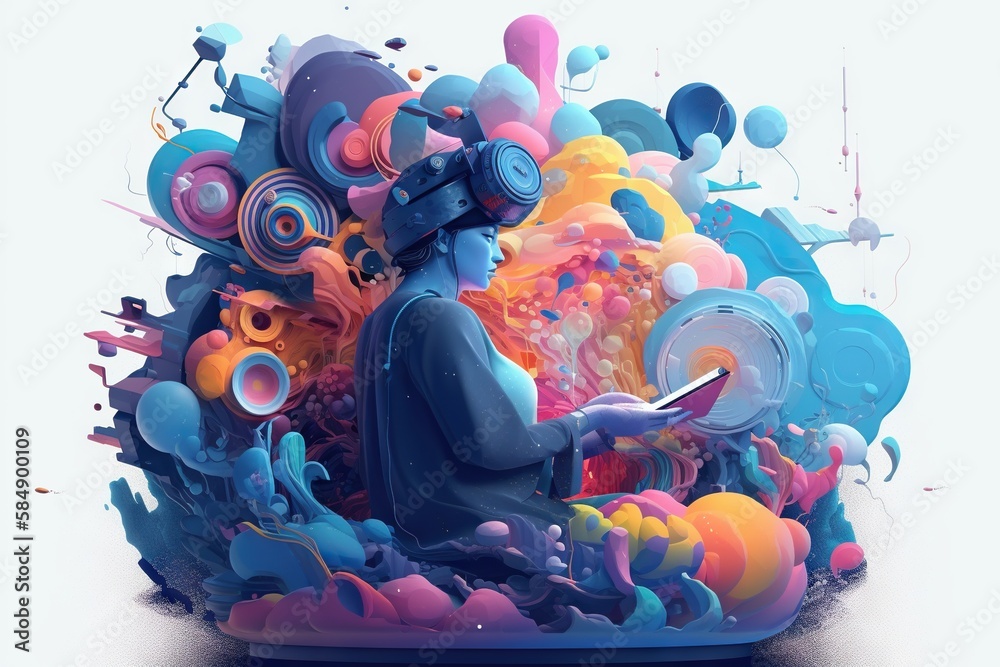 Poster a man is using a laptop surrounded by colorful objects and shapes workshop digital art virtual reali