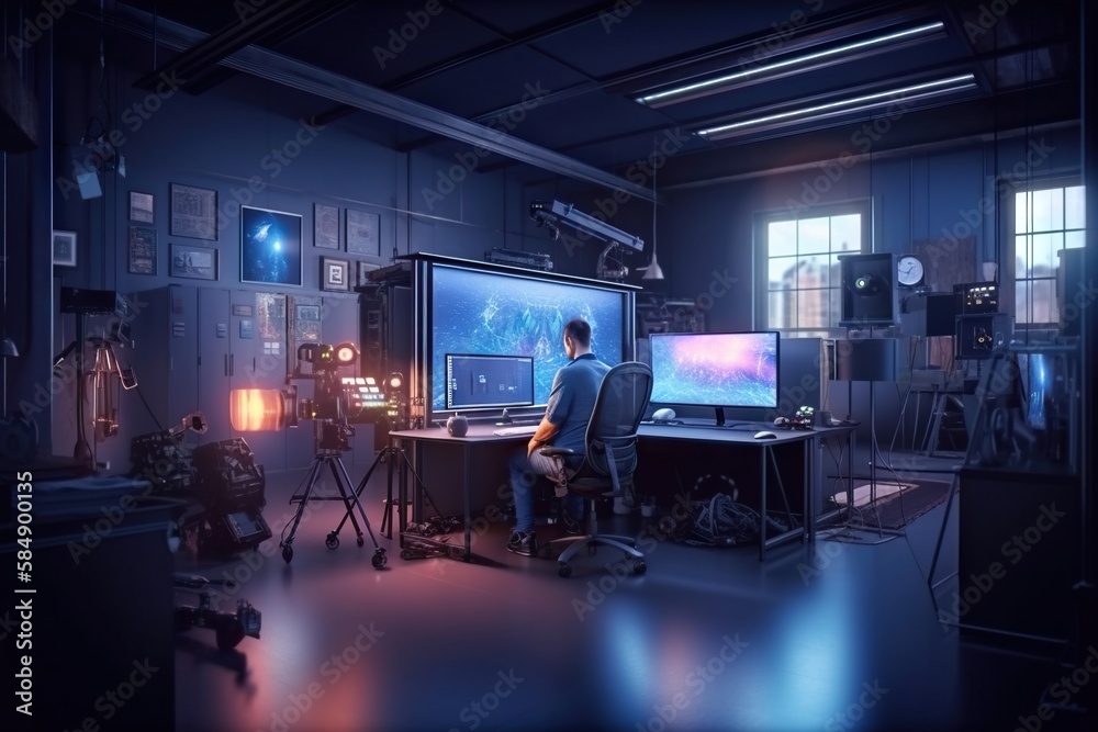 Poster a man sitting at a desk in front of a computer monitor workshop animation computer graphics generati