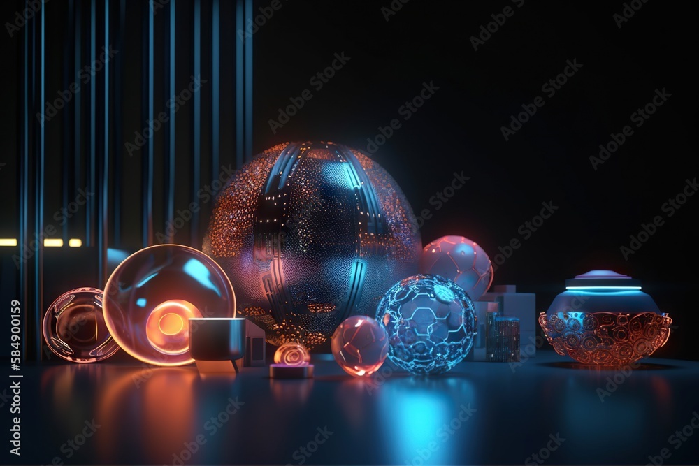 Poster a group of glass balls and other objects on a table with a black background arcade animation motion 