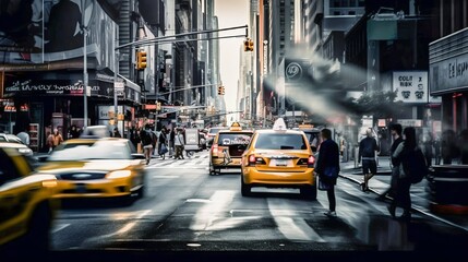 Bustling busy city street dynamic movement. Generative AI