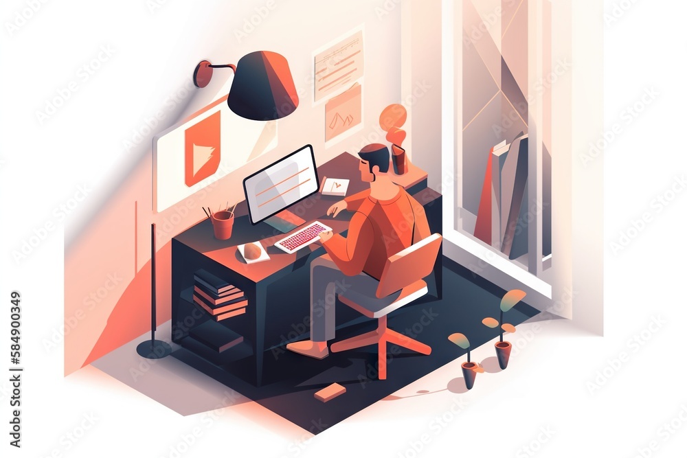 Poster a person sitting at a desk with a computer on it and a lamp on workshop graphic design infographic d