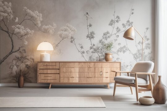 White and gray Japanese living room. Wooden dresser with wall mockup. Wallpaper, parquet. Modern decor,. Generative AI
