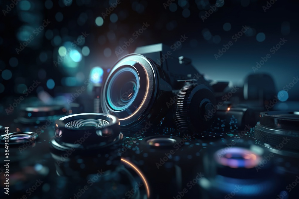 Poster a camera with a lens and some other objects around it on a table factory panoramic photography motio