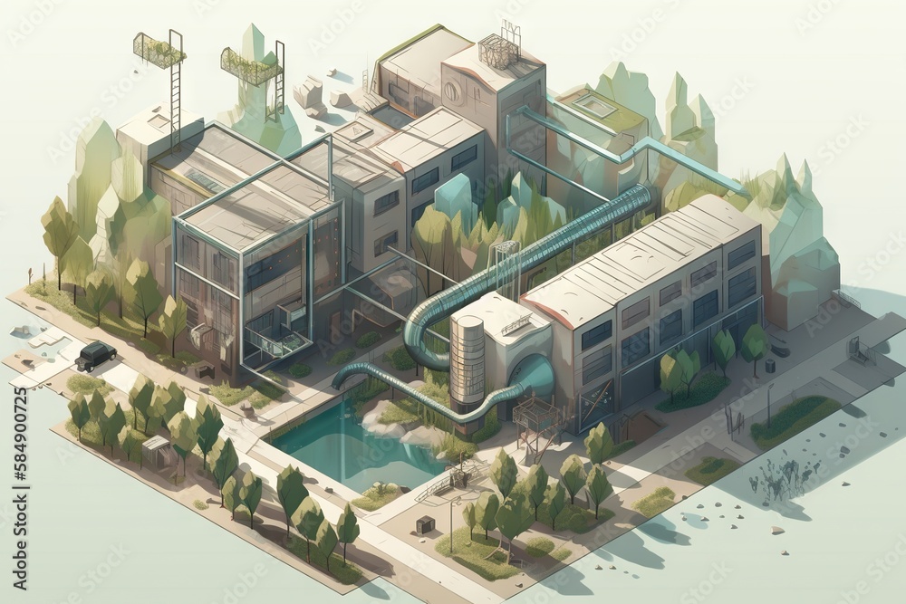 Poster a computer generated image of a building with a water source and a pool factory environmental art in