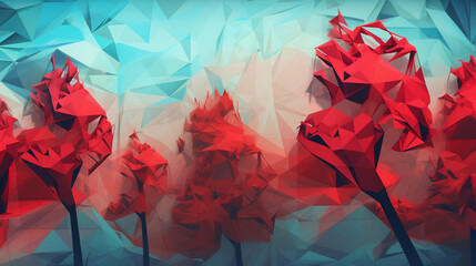 Abstract red trees with geometric mountains in the background wallpaper