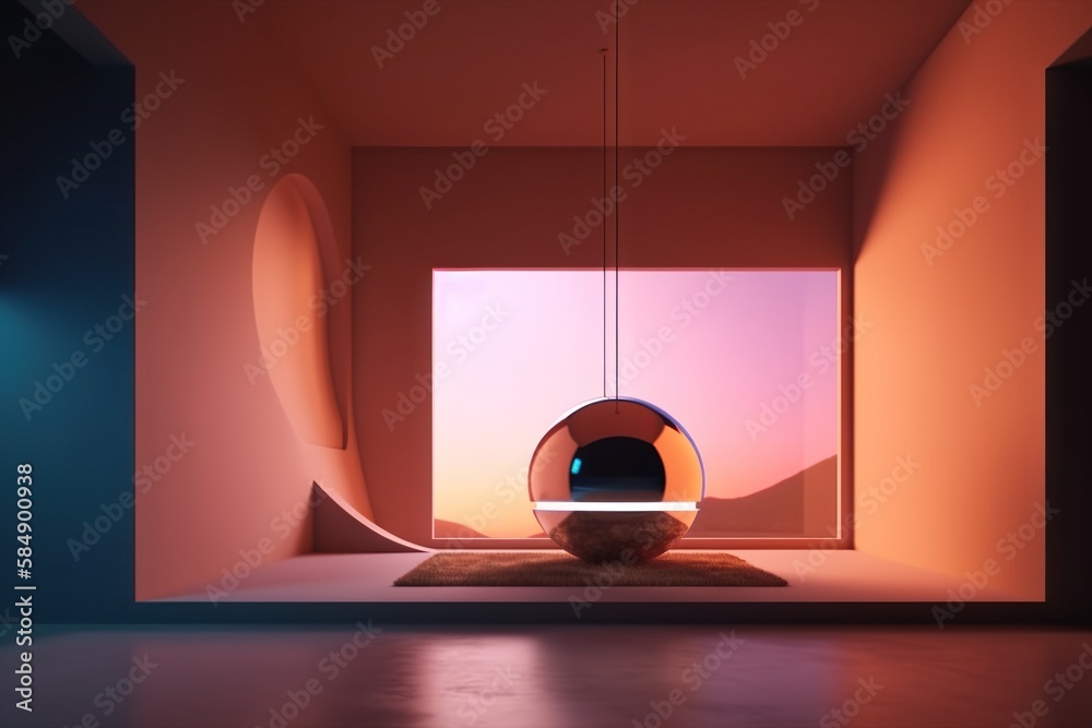 Poster a room with a round object hanging from the ceiling and a round object on the floor lunar landscape 