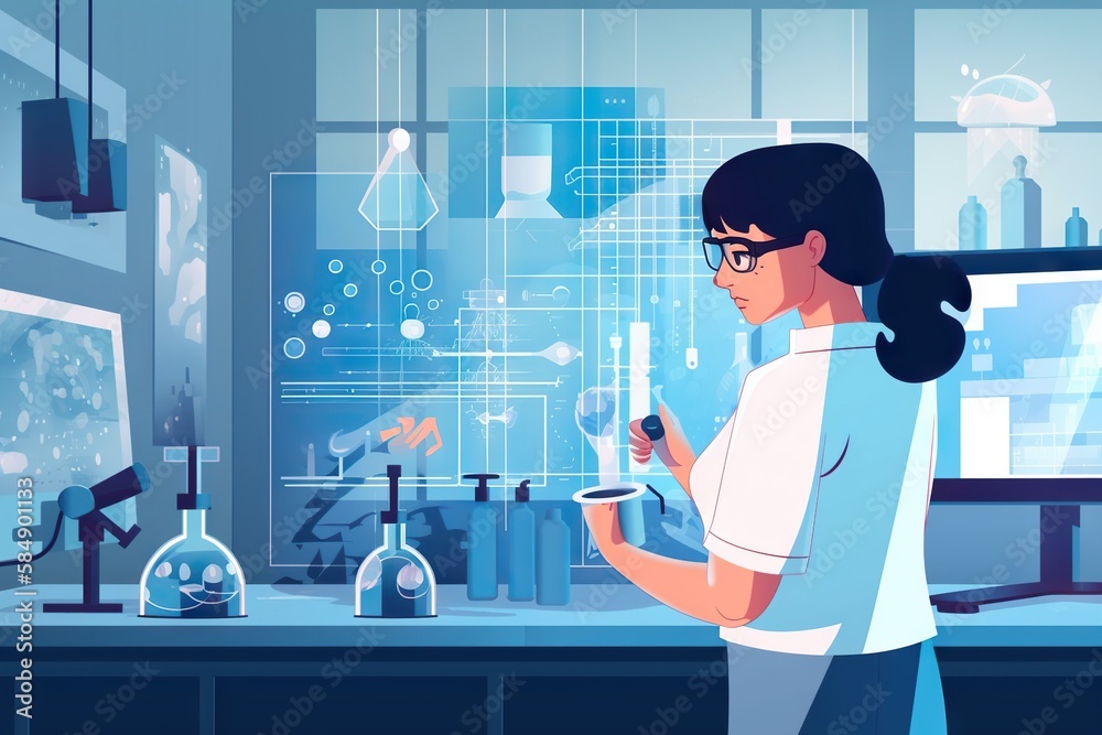Poster a woman in a lab looking at a computer screen with a beaker workshop animation science writing gener