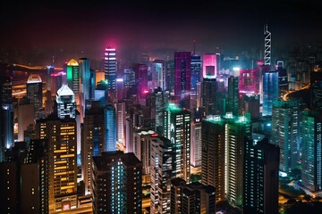 Fototapeta na wymiar Vibrant illuminated neon city skyline at night. Generative AI