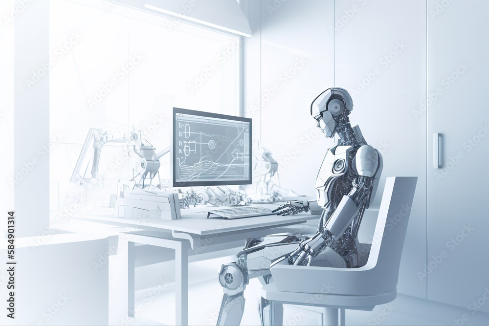 Poster a robot sitting at a desk in front of a computer monitor workshop animation robotics engineering gen