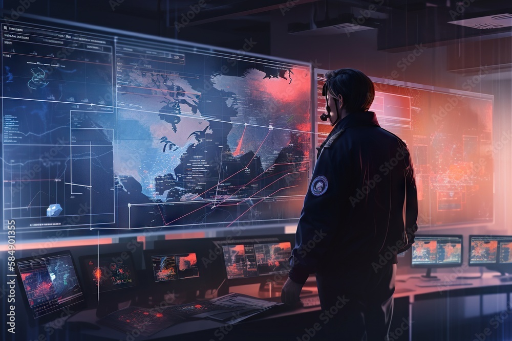 Poster a man standing in front of a large display of monitors and screens military base animation cybersecu